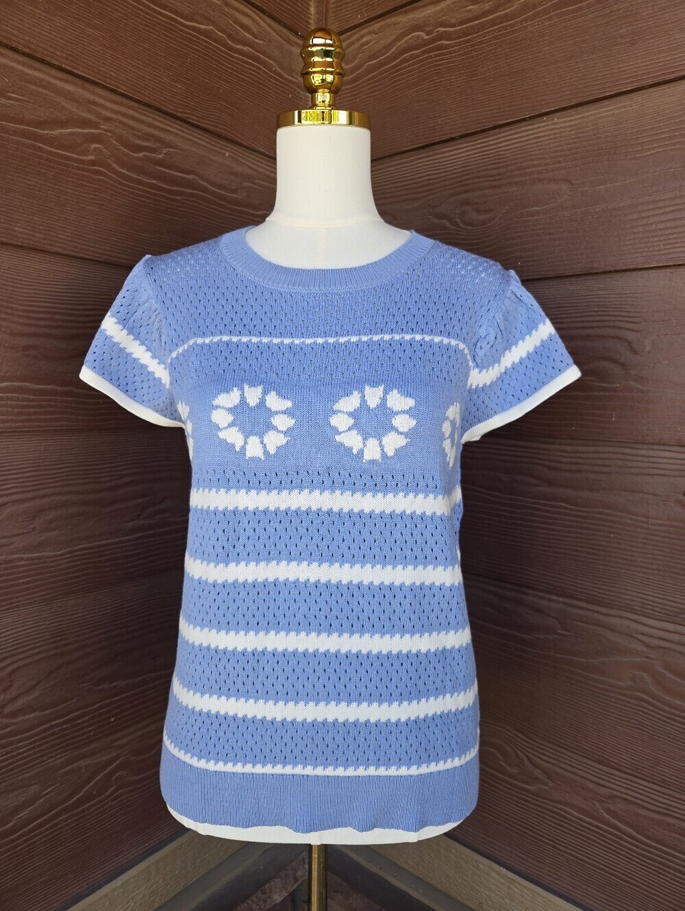 Pink Queen Women's Light Blue and White Knit Short Sleeve Sweater Top NWOT